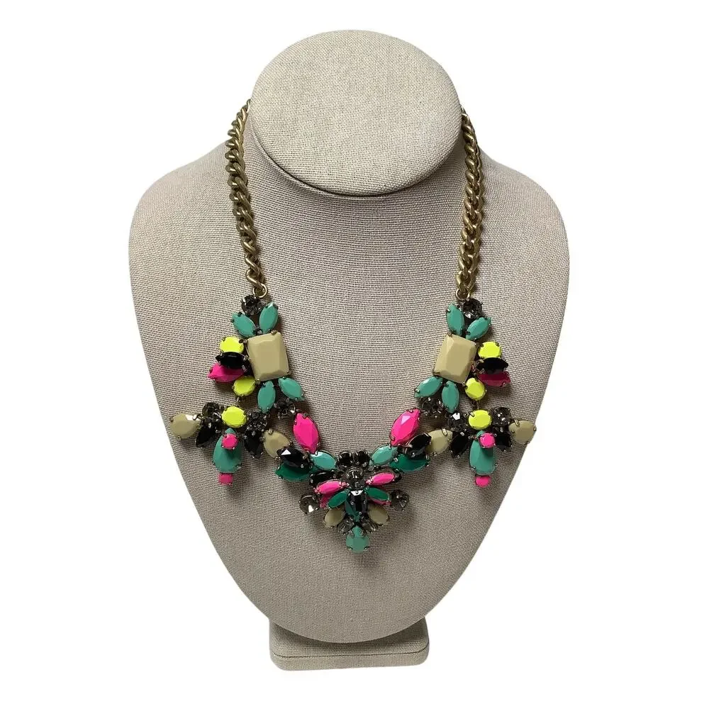 J.Crew Gold Tone Mixed Crystal Statement Bib Necklace Vintage Whimsigoth F15-23